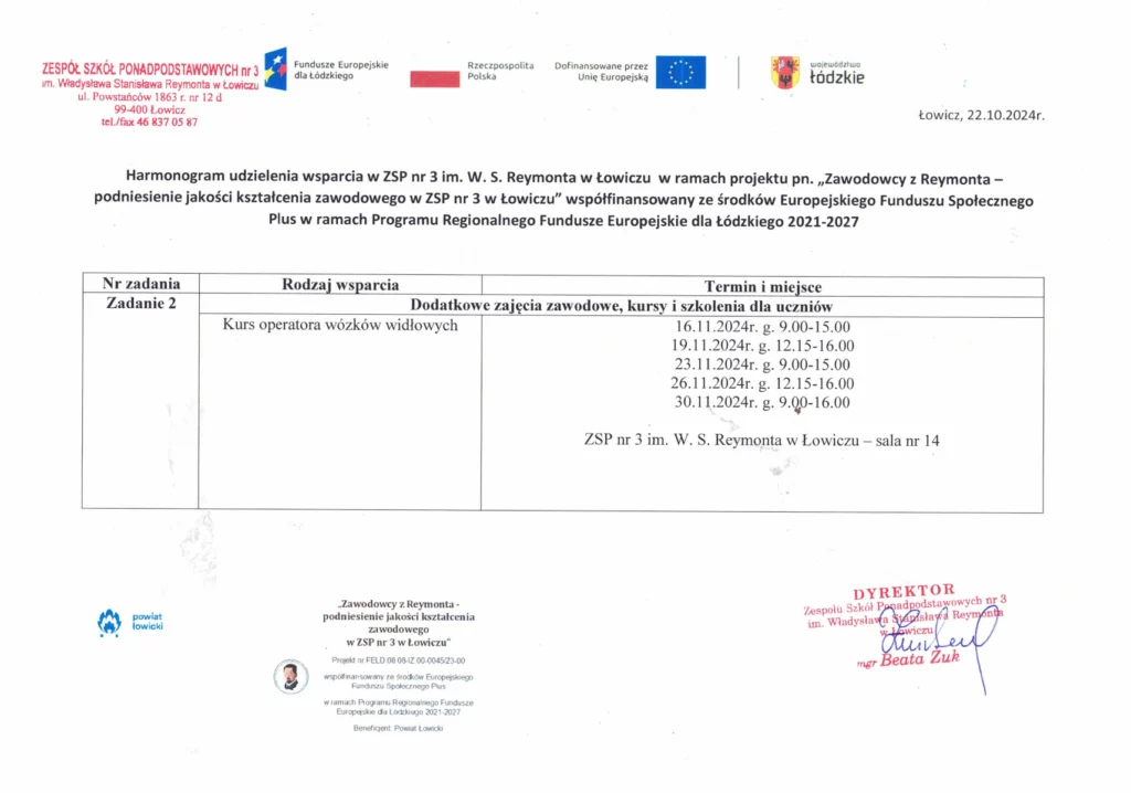 Harmonogram udzielenia wsparcia - Zawodowcy z Reymonta - kurs operatora wózków widłowych