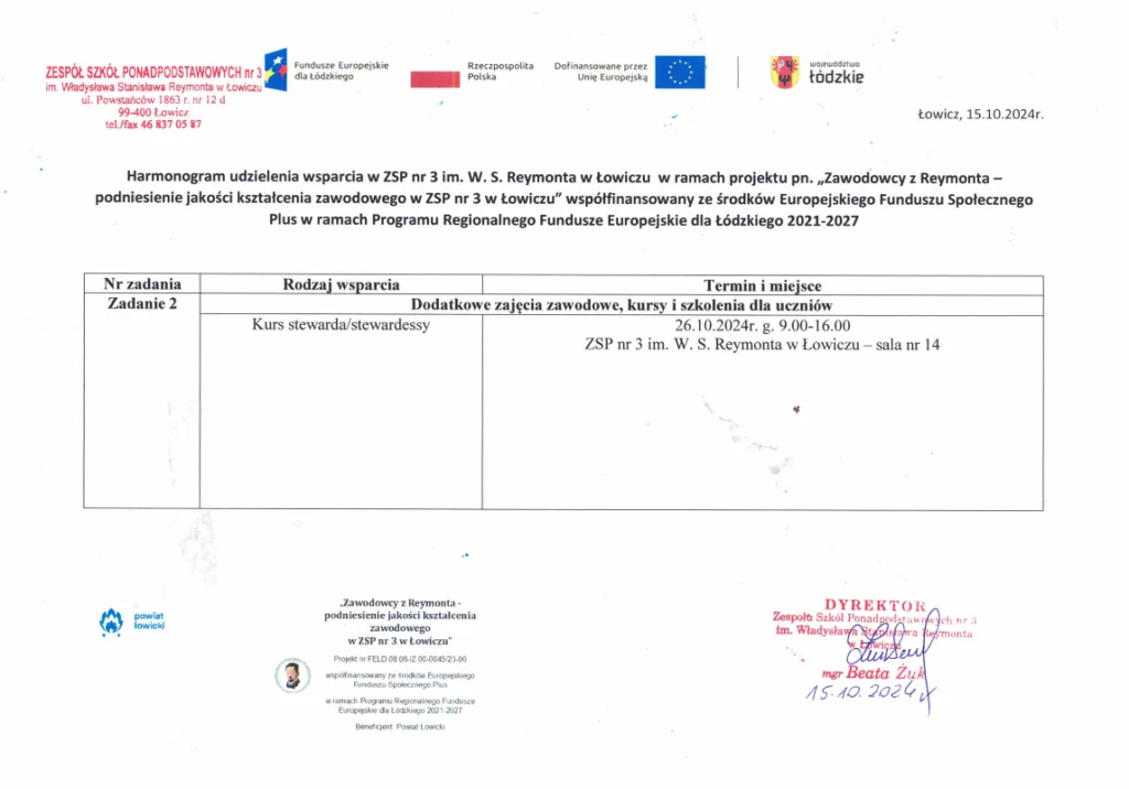 Harmonogram wsparcia - Kurs stewarda (26.10.2024)