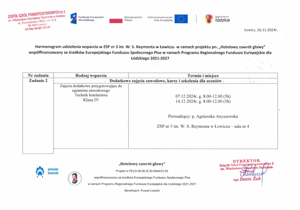 Harmonogram wsparcia zajęcia przygotowujące do egzaminu zawodowego - Technik hotelarstwa klasa IV