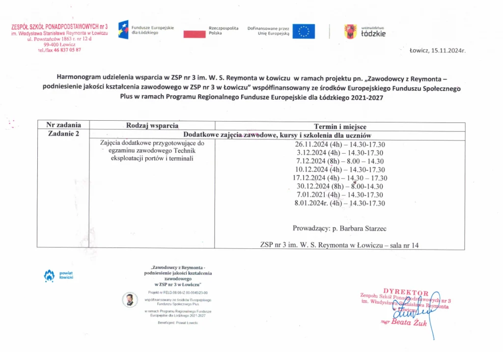 Harmonogram wsparcia - zajęcia zawodowe przygotowujące do egzaminu zawodowego Technik eksploatacji portów i terminali