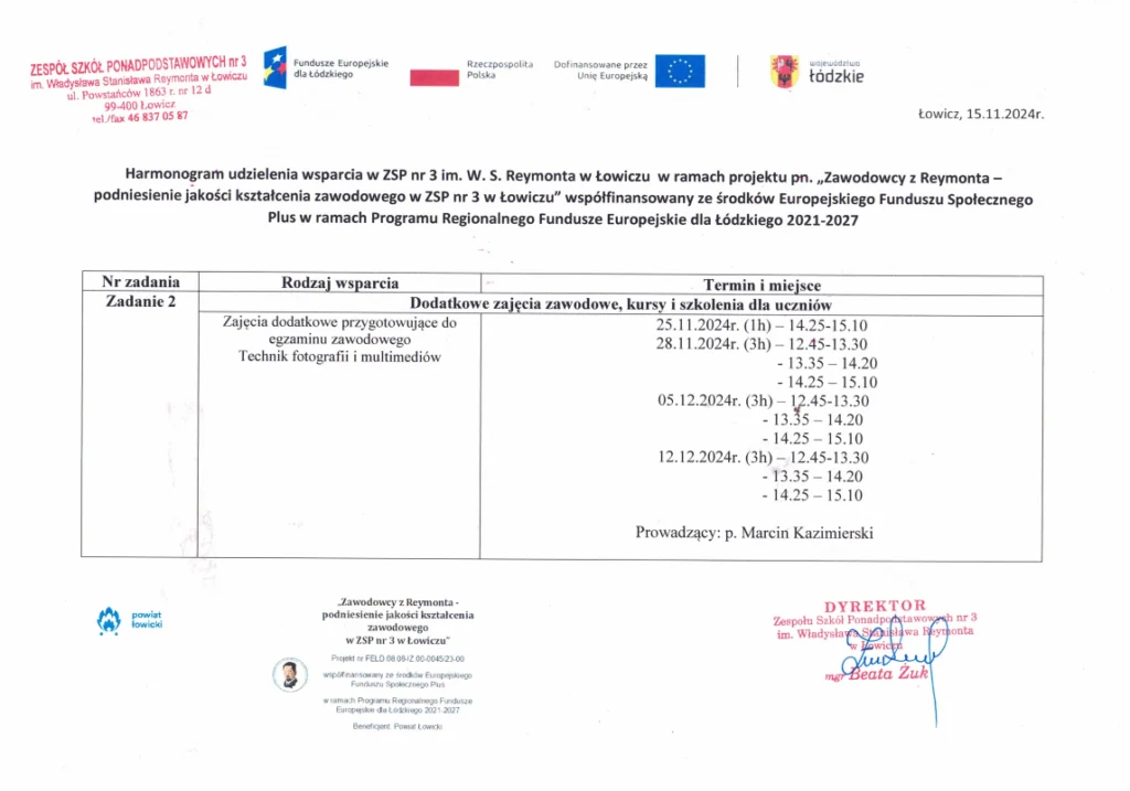 Harmonogram wsparcia - zajęcia zawodowe przygotowujące do egzaminu zawodowego Technik fotografii i multimediów