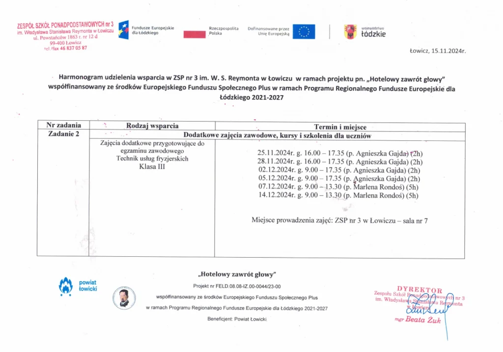 Harmonogram wsparcia - Zajęcia dodatkowe przygotowujące do egzaminu zawodowego Technik Usług Fryzjerskich - Klasa III