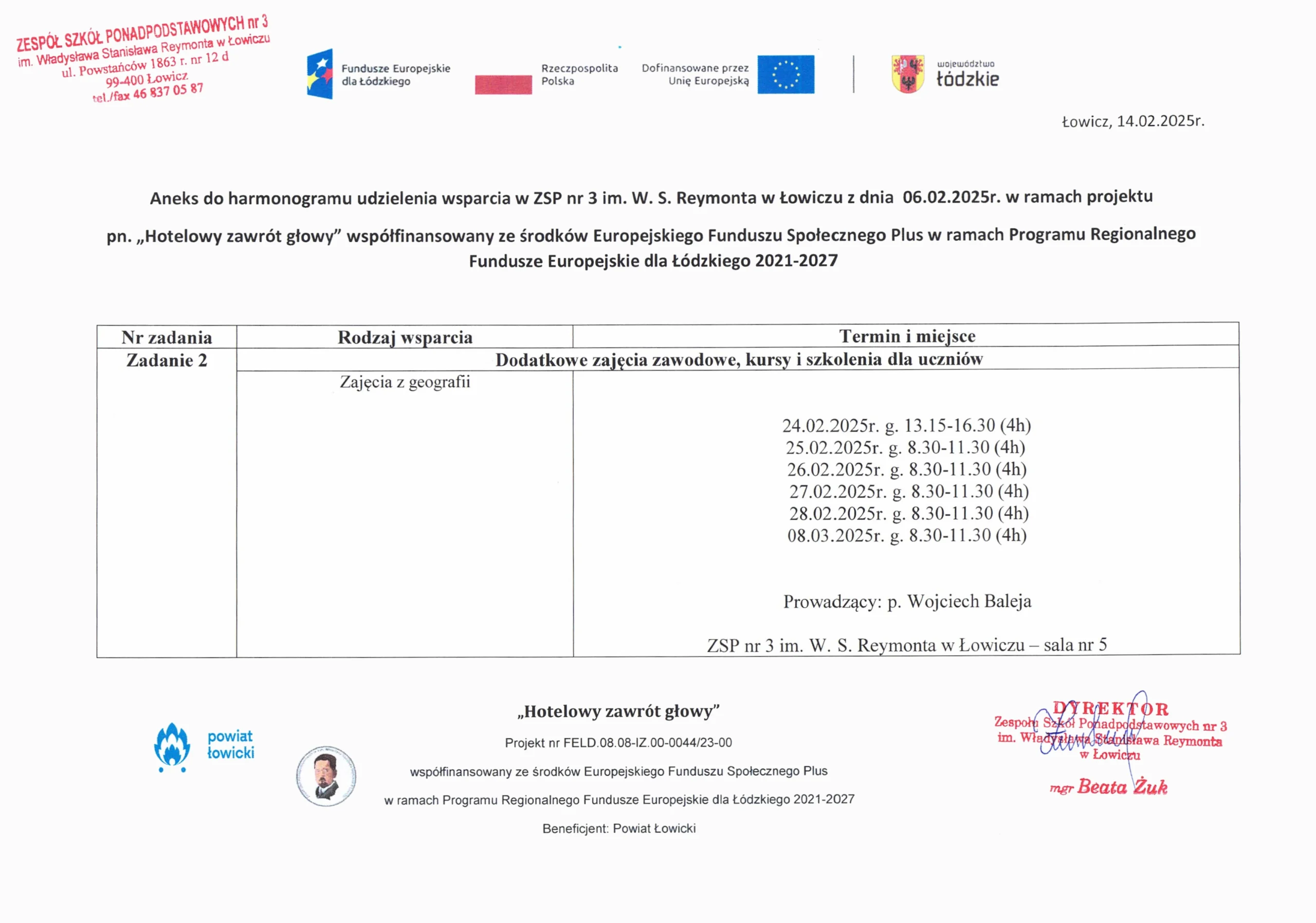 Aneks do harmonogramu wsparcia HZG zajęcia z geografii p. Baleja