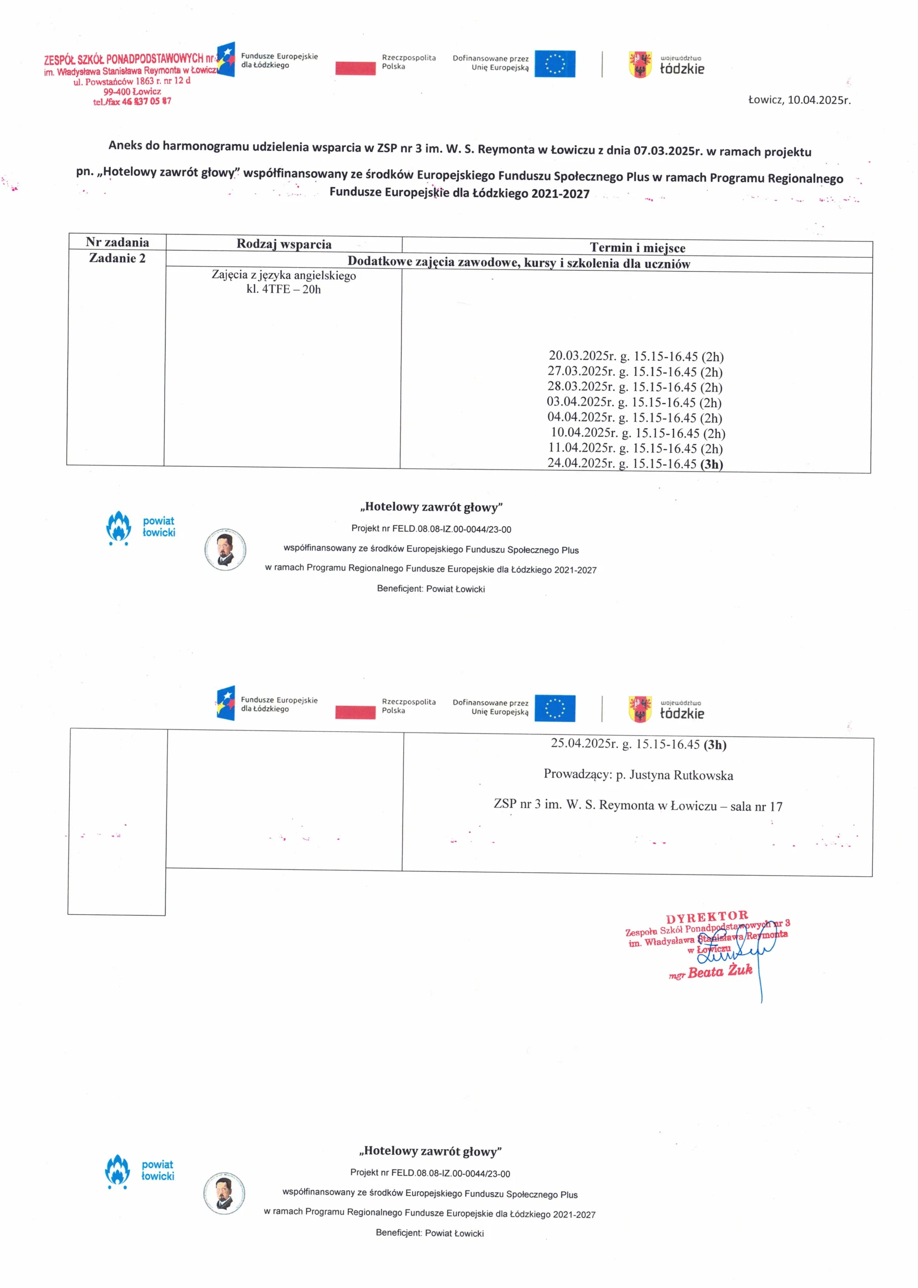 Harmonogram wsparcia - zajęcia z angielskiego 4TFE p. Rutkowska
