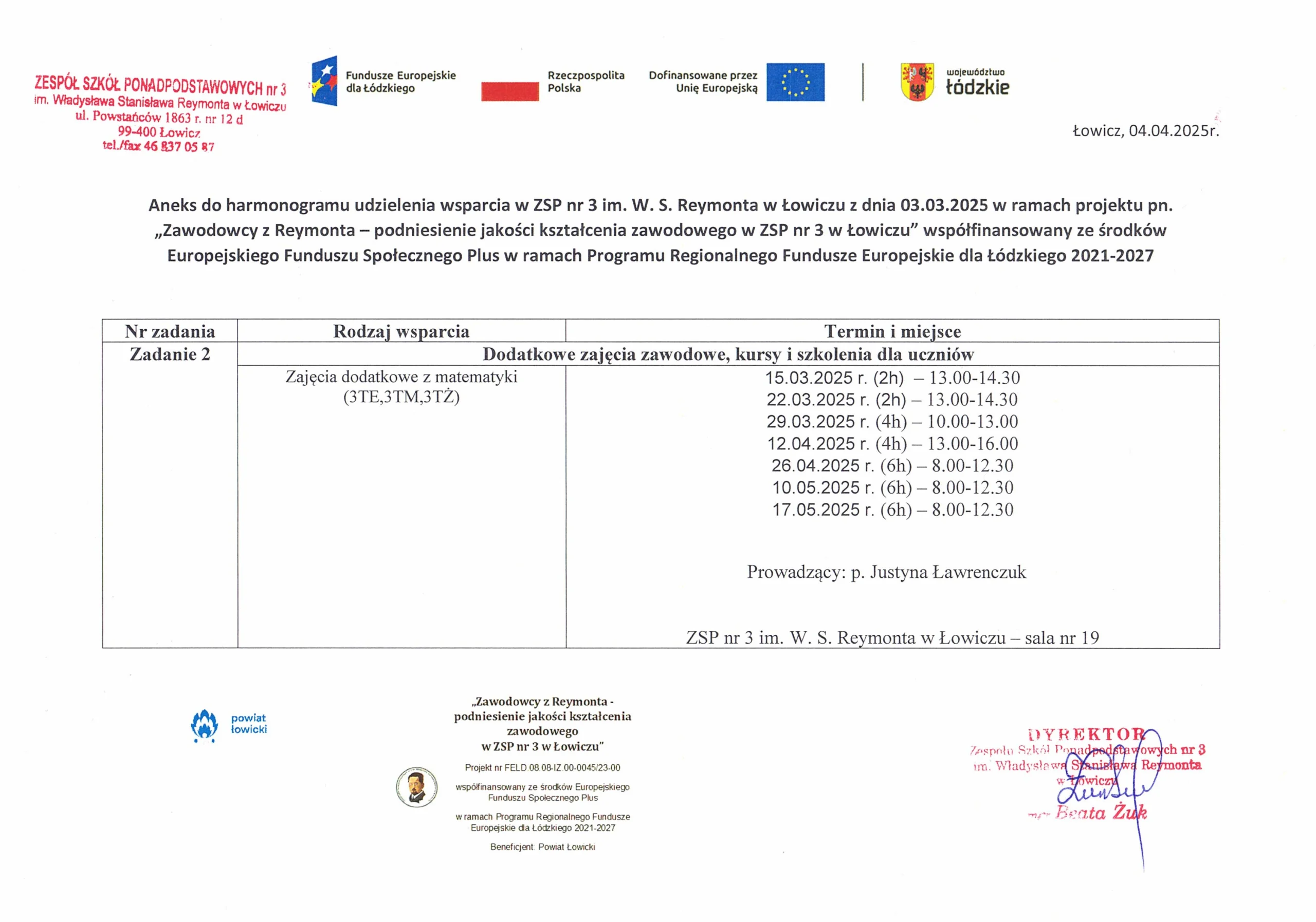 Harmonogram wsparcia - matematyka 3TŻ, 3TM, 3TE p. Ławrenczuk