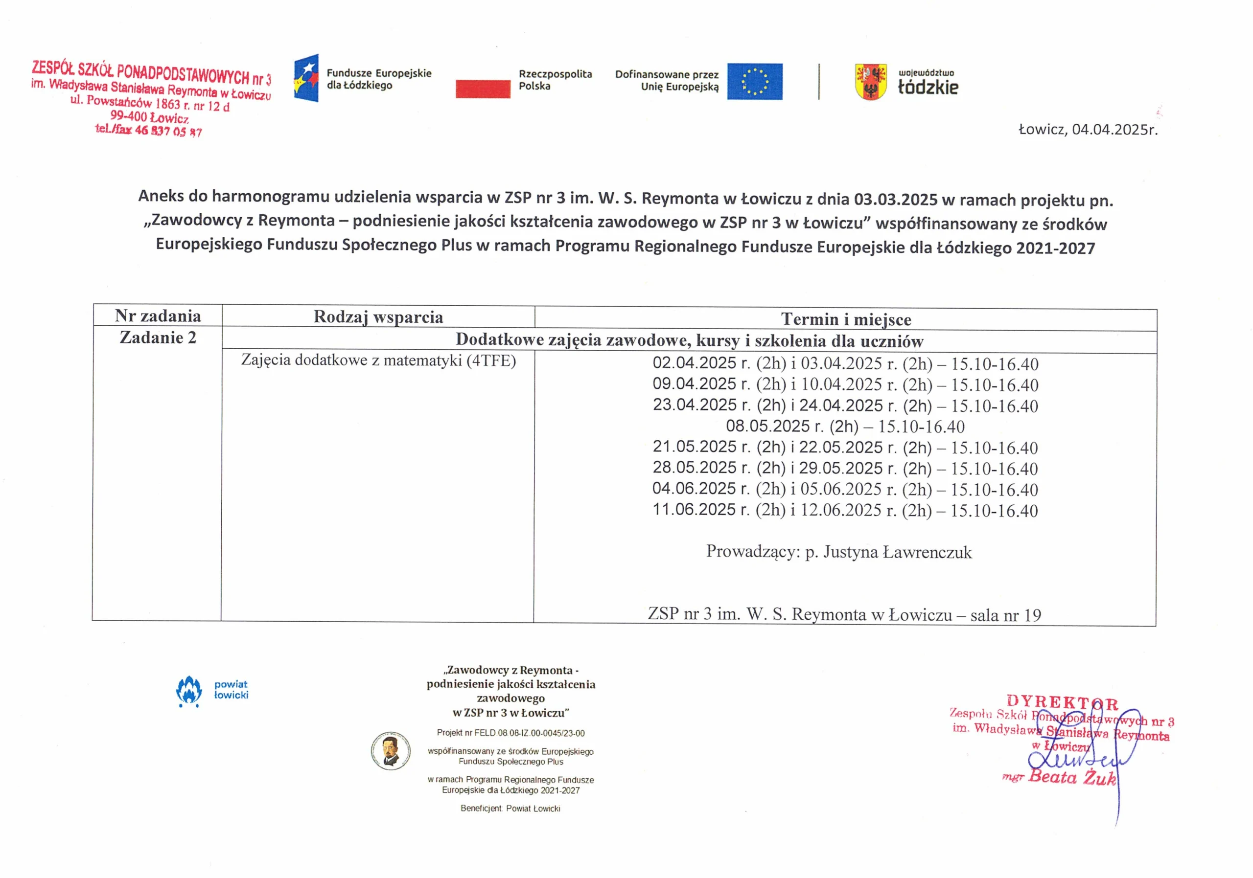Harmonogram wsparcia - matematyka 4TFE p. Ławrenczuk