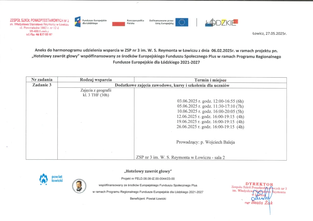 Aneks do harmonogramu wsparcia - zajęcia z geografii