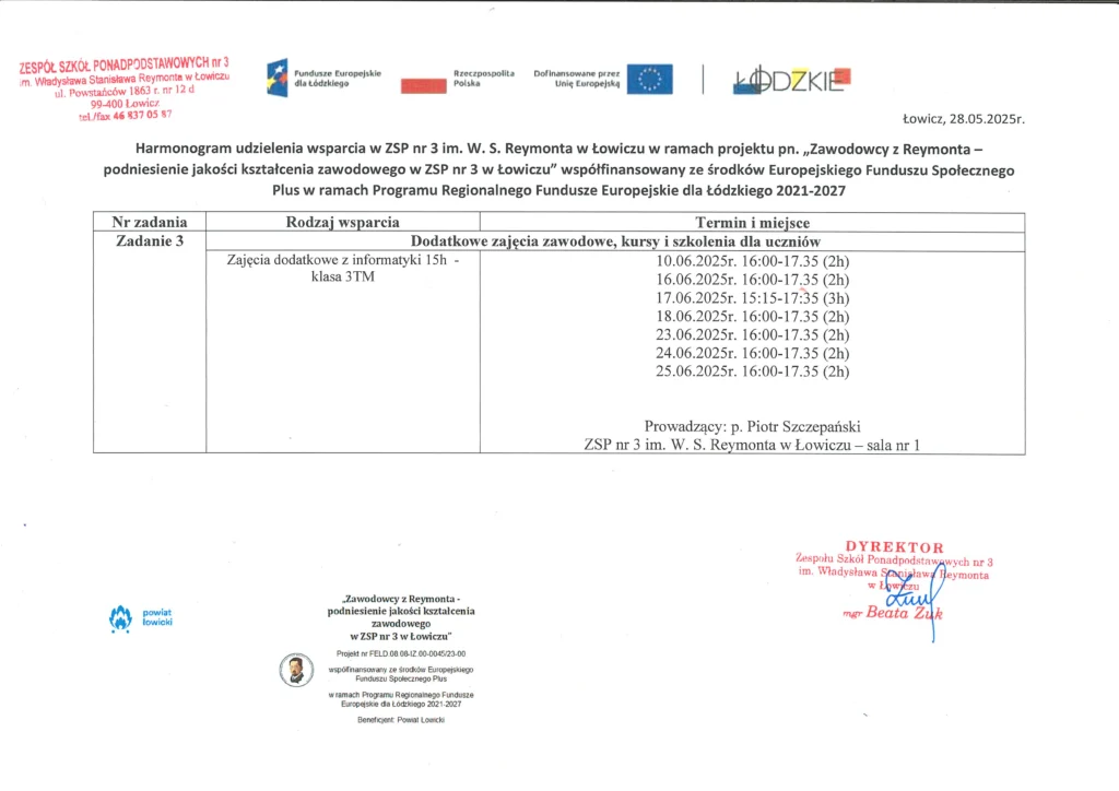 Harmonogram wsparcia - zajęcia dodatkowe z informatyki - 3TM