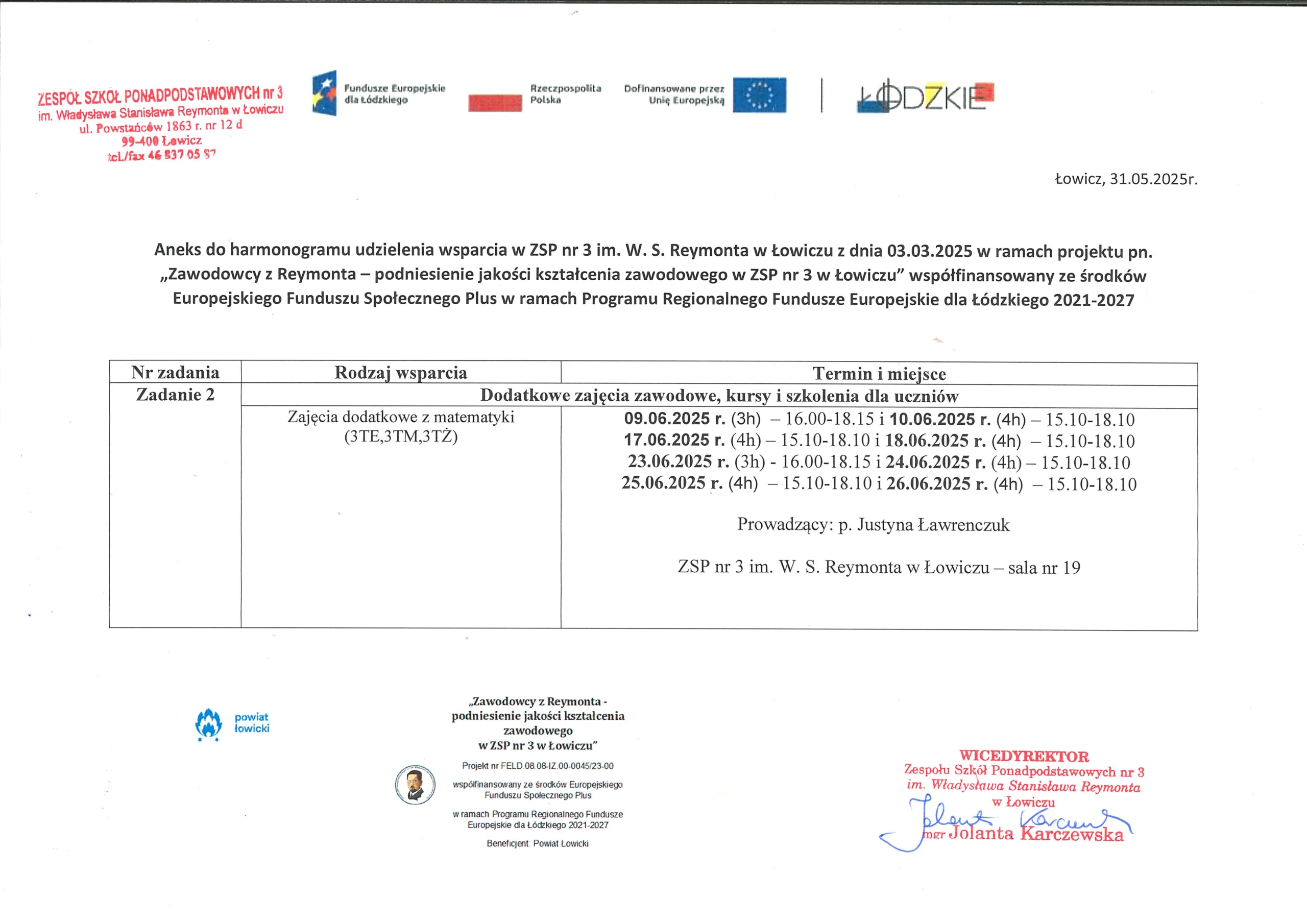 Aneks do harmonogramu wsparcia - Zawodowcy z Reymonta - zajęcia z matematyki 3TE, 3TM, 3TŻ
