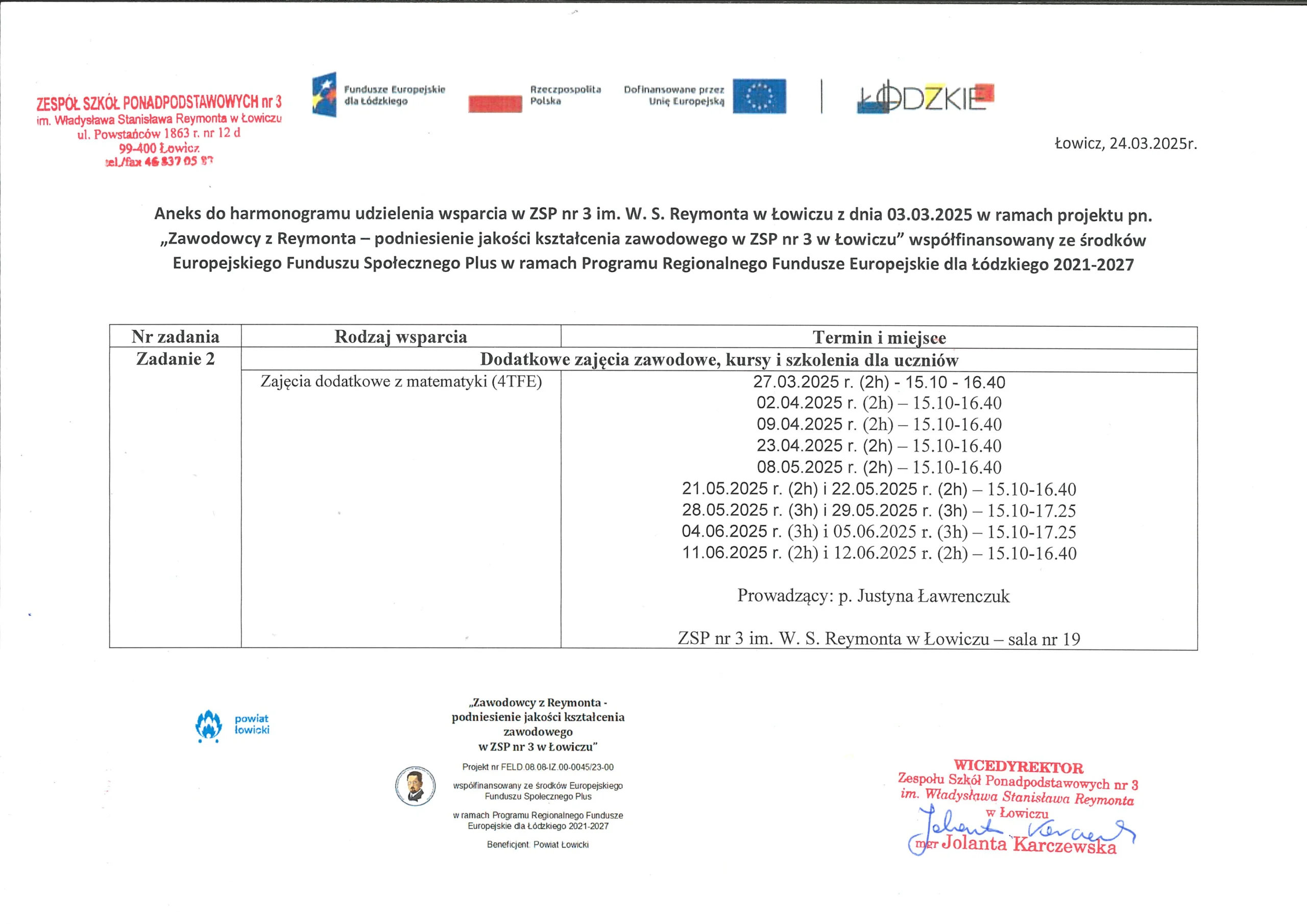 Aneks do harmonogramu wsparcia - Zawodowcy z Reymonta - zajęcia z matematyki 4 TFE
